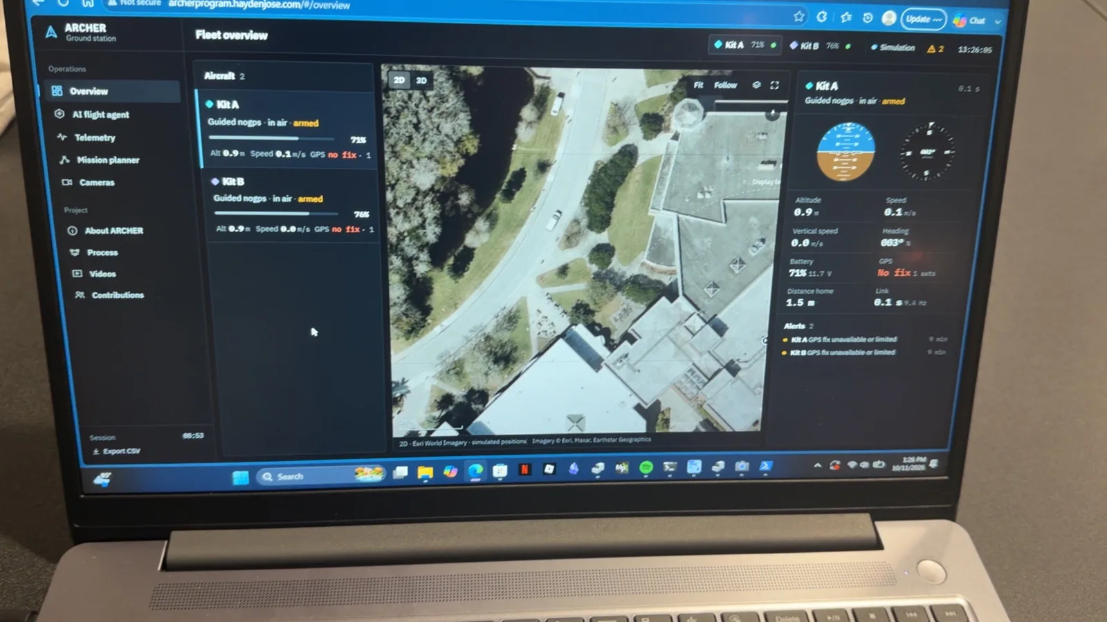 ARCHER ground station showing two drones on a satellite map with live telemetry